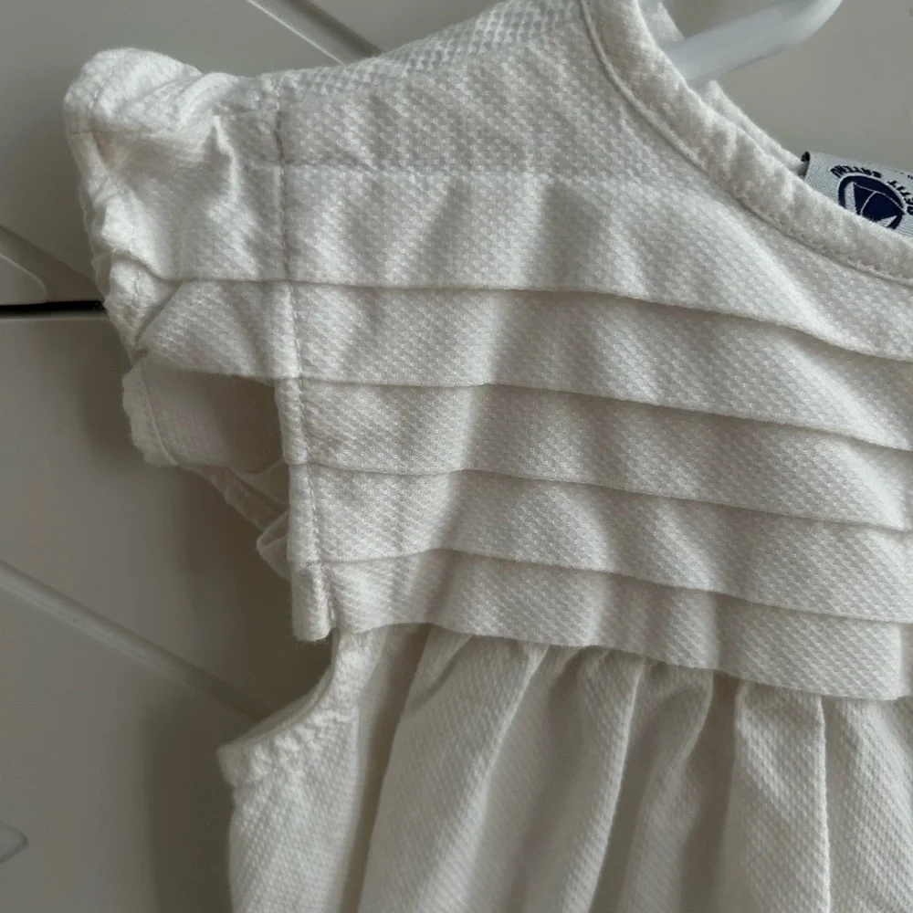 Petite Bateau Baby Girls White Poplin Cotton Textured Ruffle Dress- 2T
